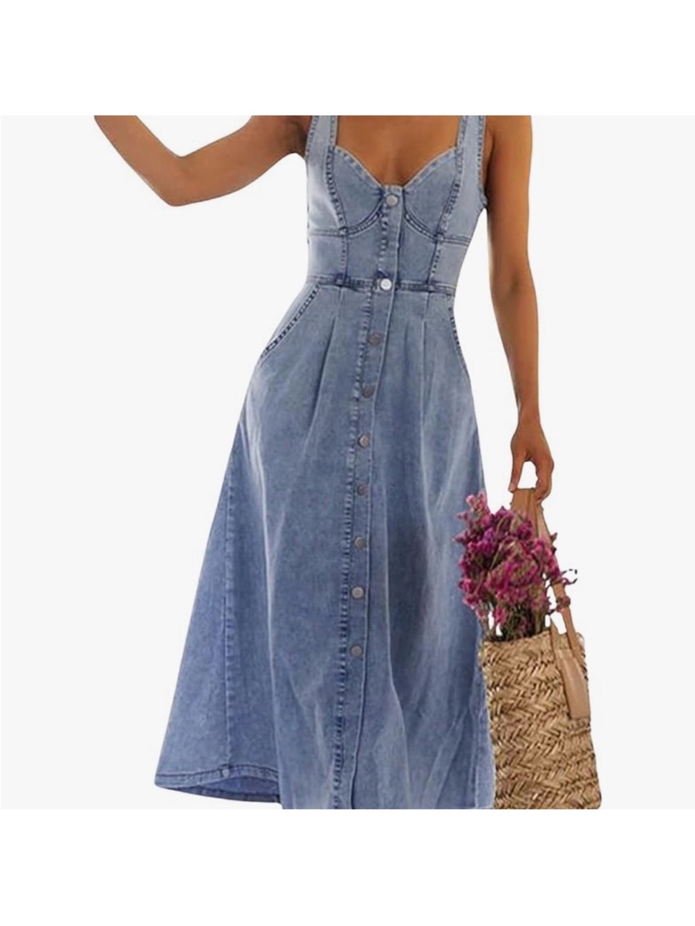 Denim Button-Front Midi Dress in Light Blue